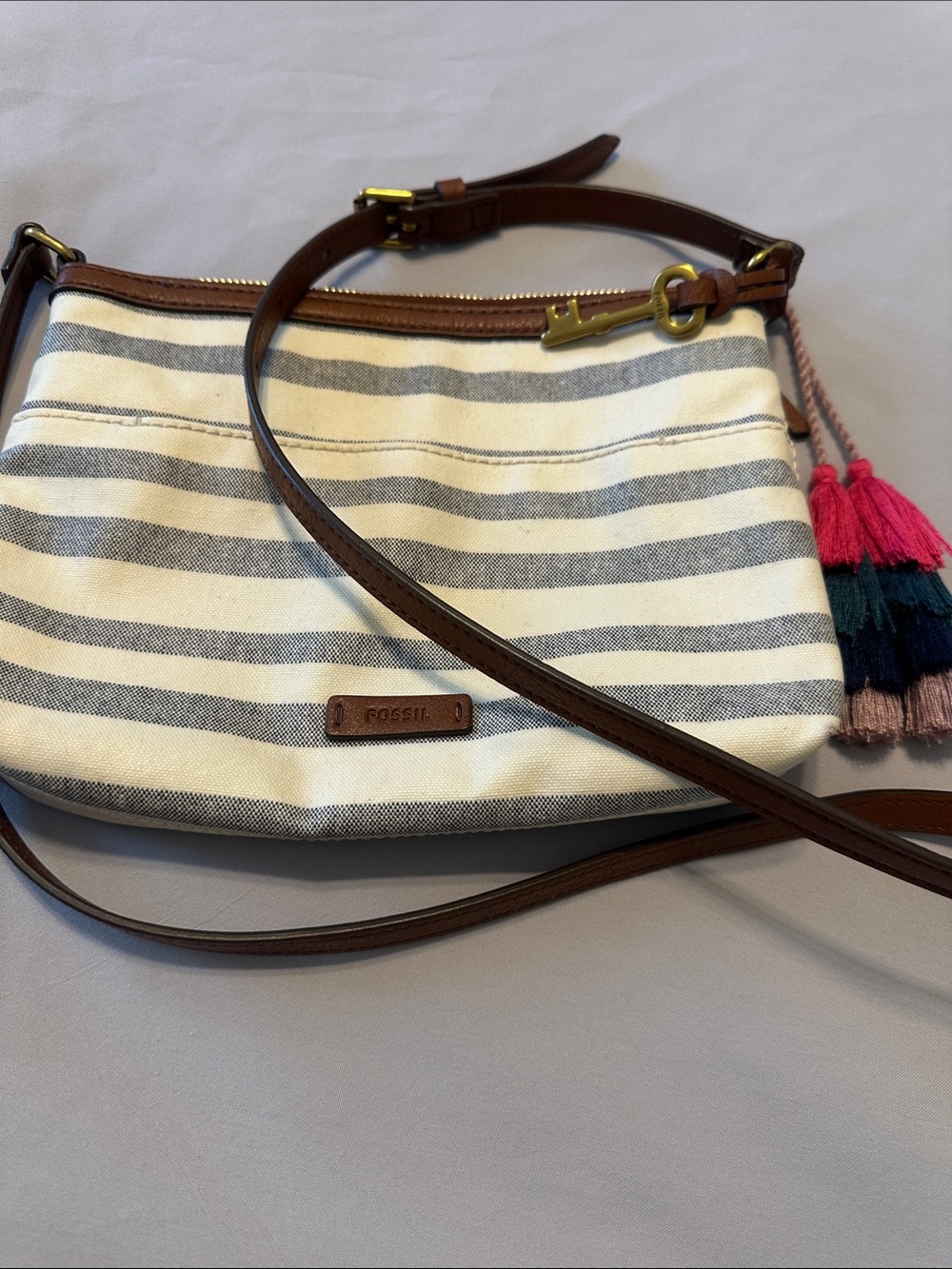 NWOT Fossil Striped Canvas Crossbody with Brown Leather Trim and Tassels